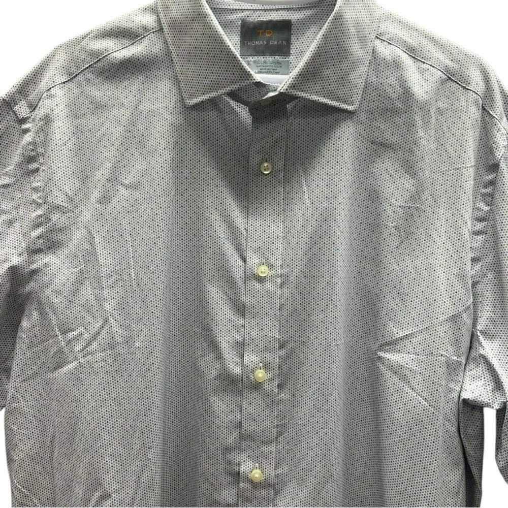 Thomas Dean Print Button Down White Grey Blue Dress Shirt Long Sleeve Mens - Picture 5 of 9